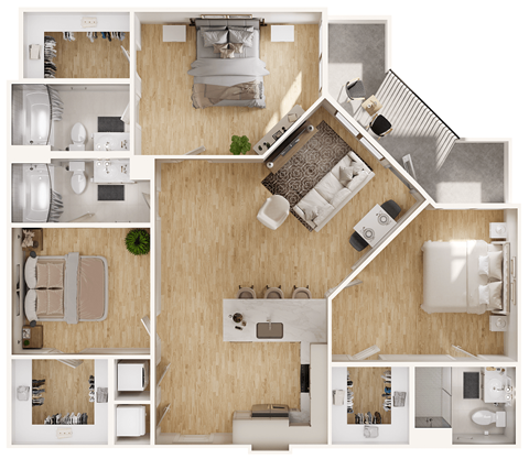 Floor plan for 3 beds, 3 baths, 1330 sqft